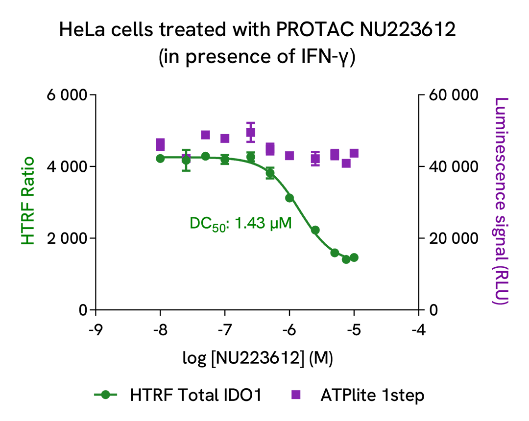 HTRF Total IDO1 and ATPlite on HeLa cells treated with a dose response of PROTAC NU223612
