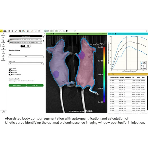 AI-assisted body contour segmentation with auto-quantification and calculation of kinetic curve identifying the optimal bioluminescence imaging window post luciferin injection using Living Image™ Synergy AI software.