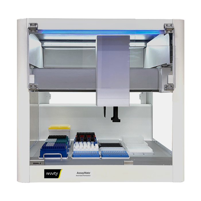 Revvity AssayMate liquid handler, air displacement 8-channel pipetting and gripper