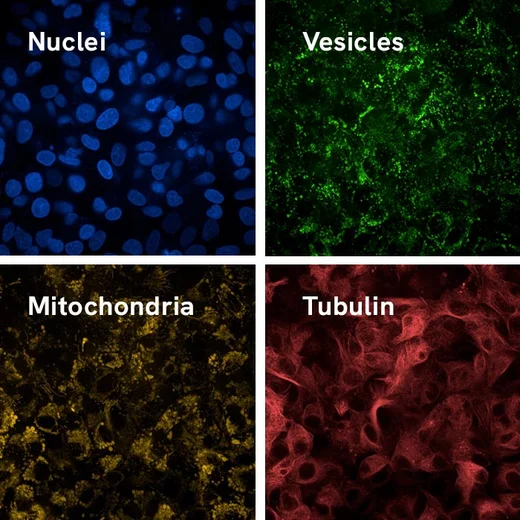 HepG2 cells stained with the PhenoVue live cell painting kit.