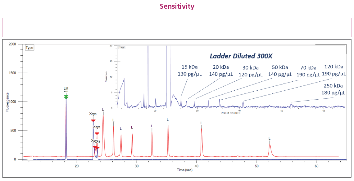 ProteinEXact assay is sensitive across a broad sizing range, from 6.5 to 250 kDa, starting with a concentration as low as 0.2 ng/µL.