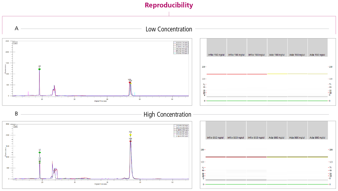 At both high and low concentration ranges, the ProteinEXact assay provides reproducibility with a CV less than 10%.